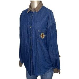 AJ Brandon Vtg Denim Button Down Fall Embroidered Shirt Large Sunflower 90s